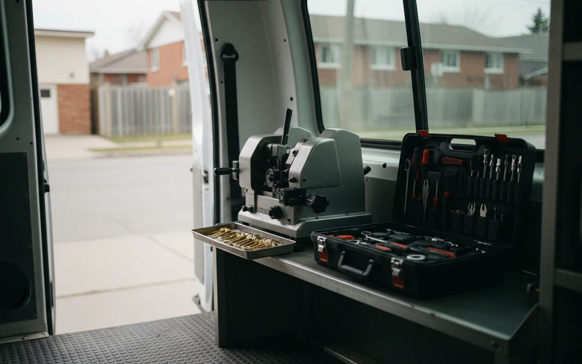 Mobile key cutting machine and keys inside a locksmith service van in Toronto