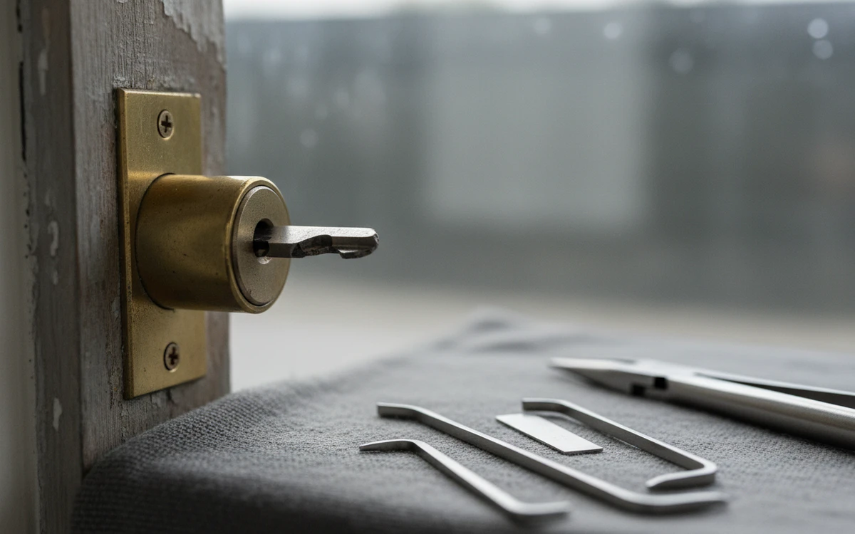 Broken key fragment in a door cylinder with extraction tools in Toronto
