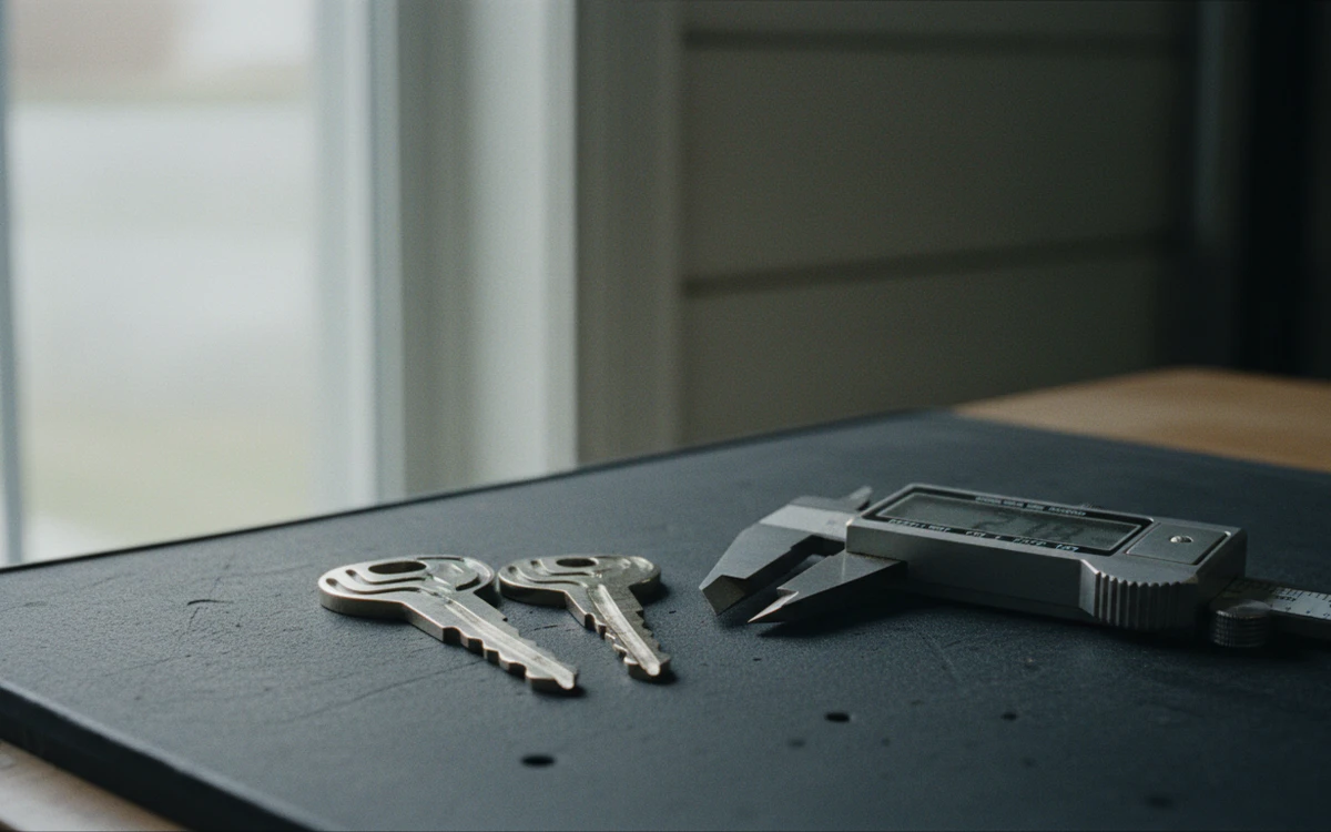 Laser-cut sidewinder car keys on a workbench in Toronto