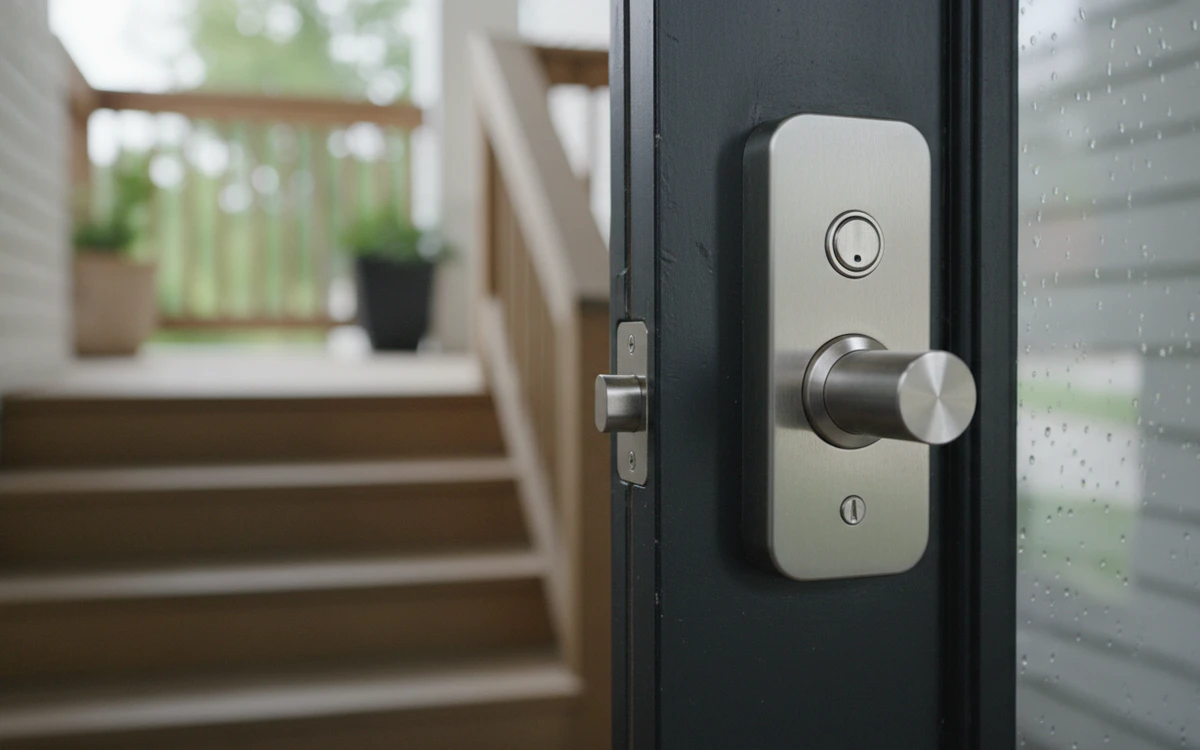 Electronic deadbolt installed on a residential entry door in Toronto