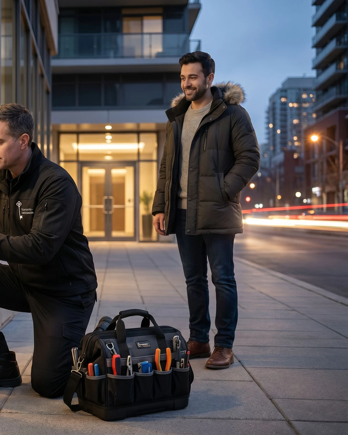 Emergency locksmith unlocking a commercial door for a customer in Mississauga