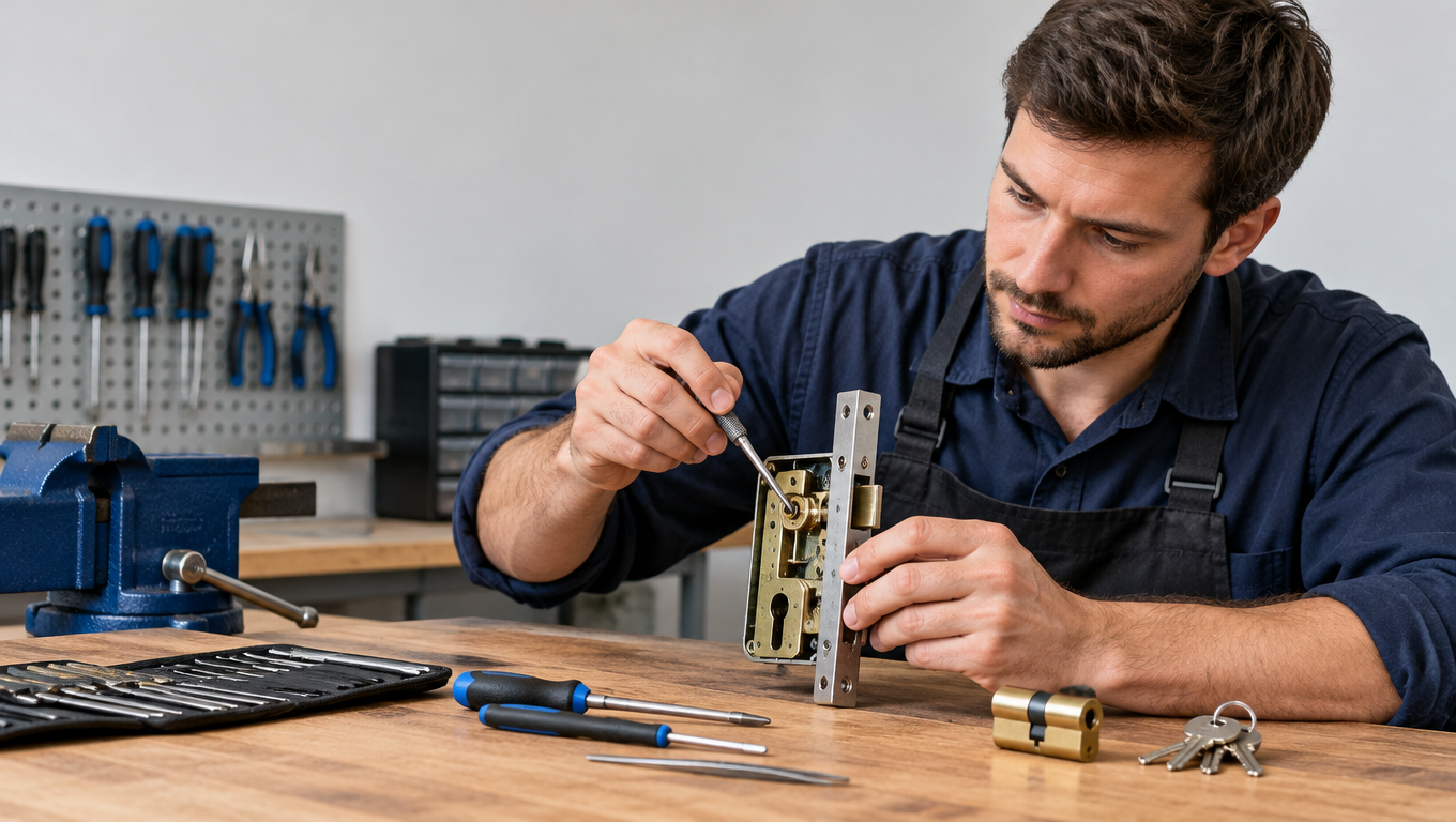 Technician inspecting electronic access hardware on a commercial office door without damaging it