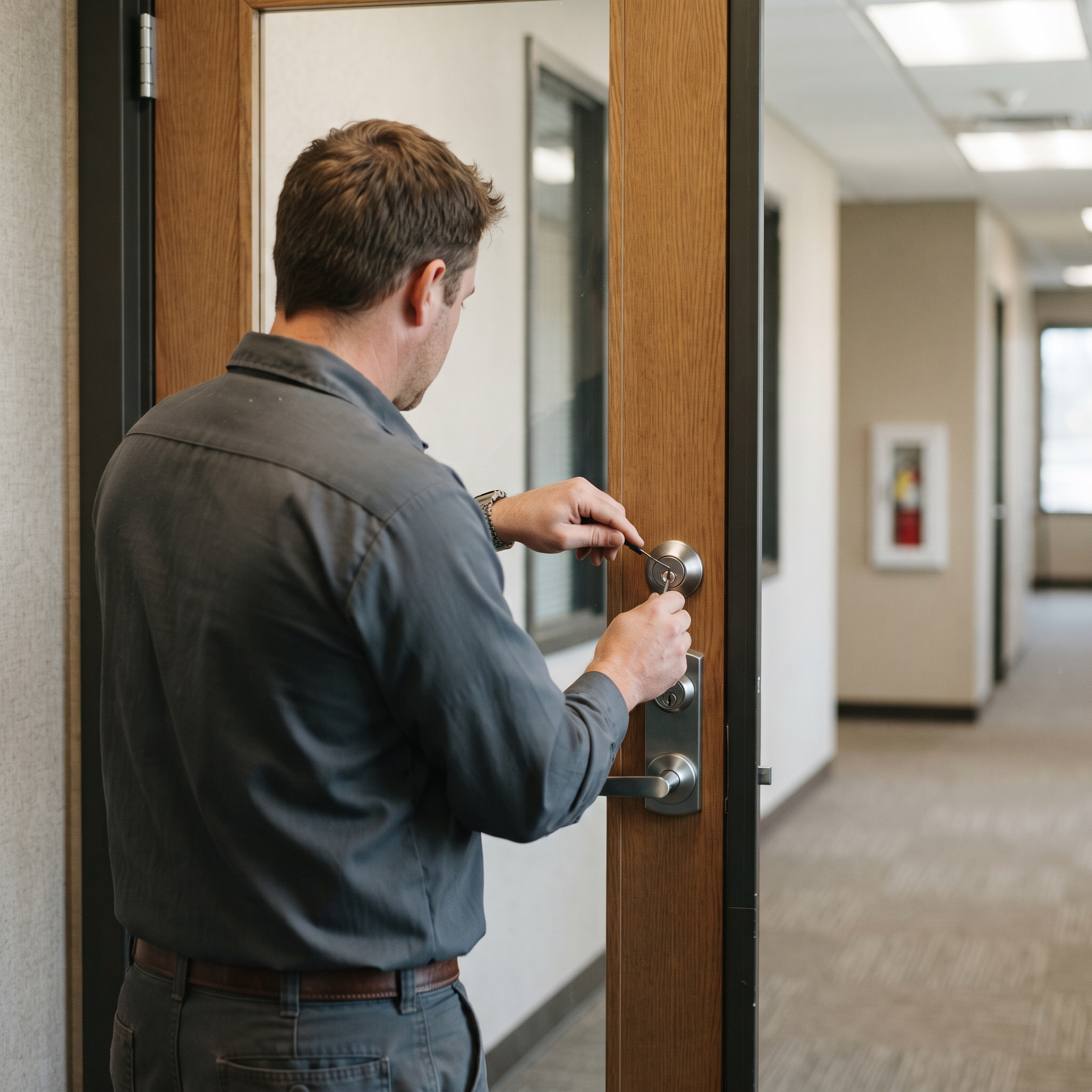 A locksmith picks a wooden office door lock in a carpeted hallway