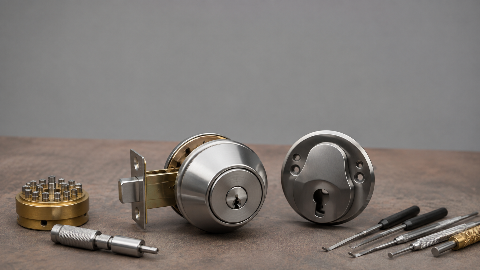 Reinforced high-security lock cylinder beside protective escutcheon and locksmith tools