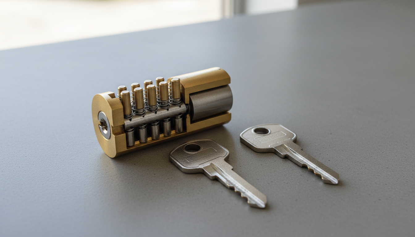 Close-up cutaway pin-tumbler cylinder showing separate pin stacks aligned by different keys