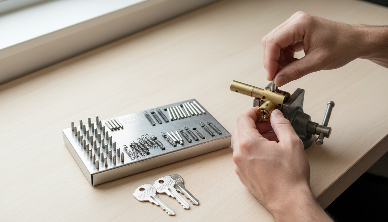 Locksmith rekeying a commercial cylinder with replacement pins and plain metal keys
