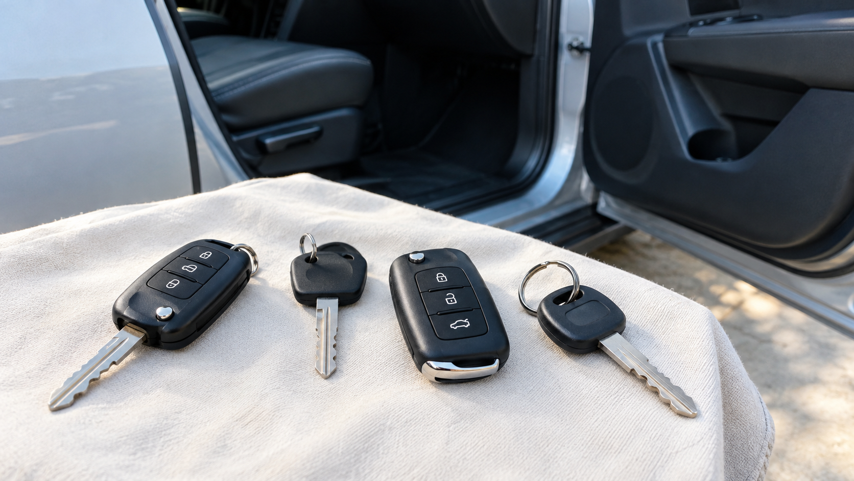 Four car keys and remote fobs on a white cloth beside an open car door