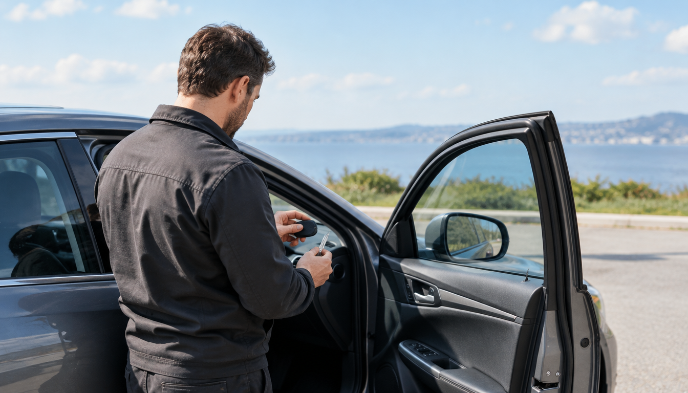 A man examines a car key fob and metal key beside an open car door