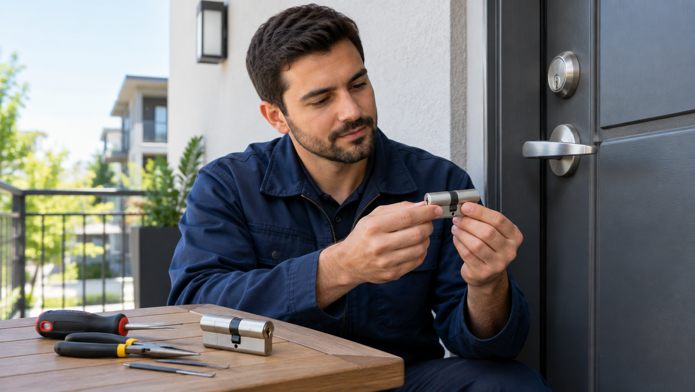 A locksmith inspects a lock cylinder outside an apartment door beside tools on a table