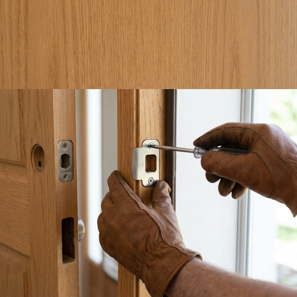 Close-up of hands adjusting a deadbolt strike plate on a wooden entry door