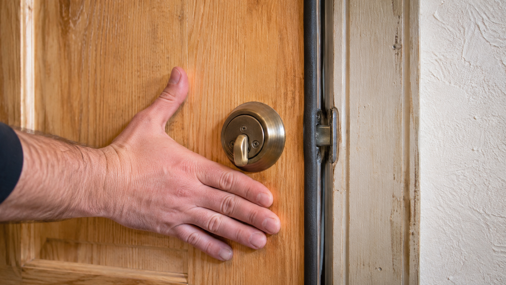 Swollen wooden door pressing against weatherstripping beside a binding deadbolt