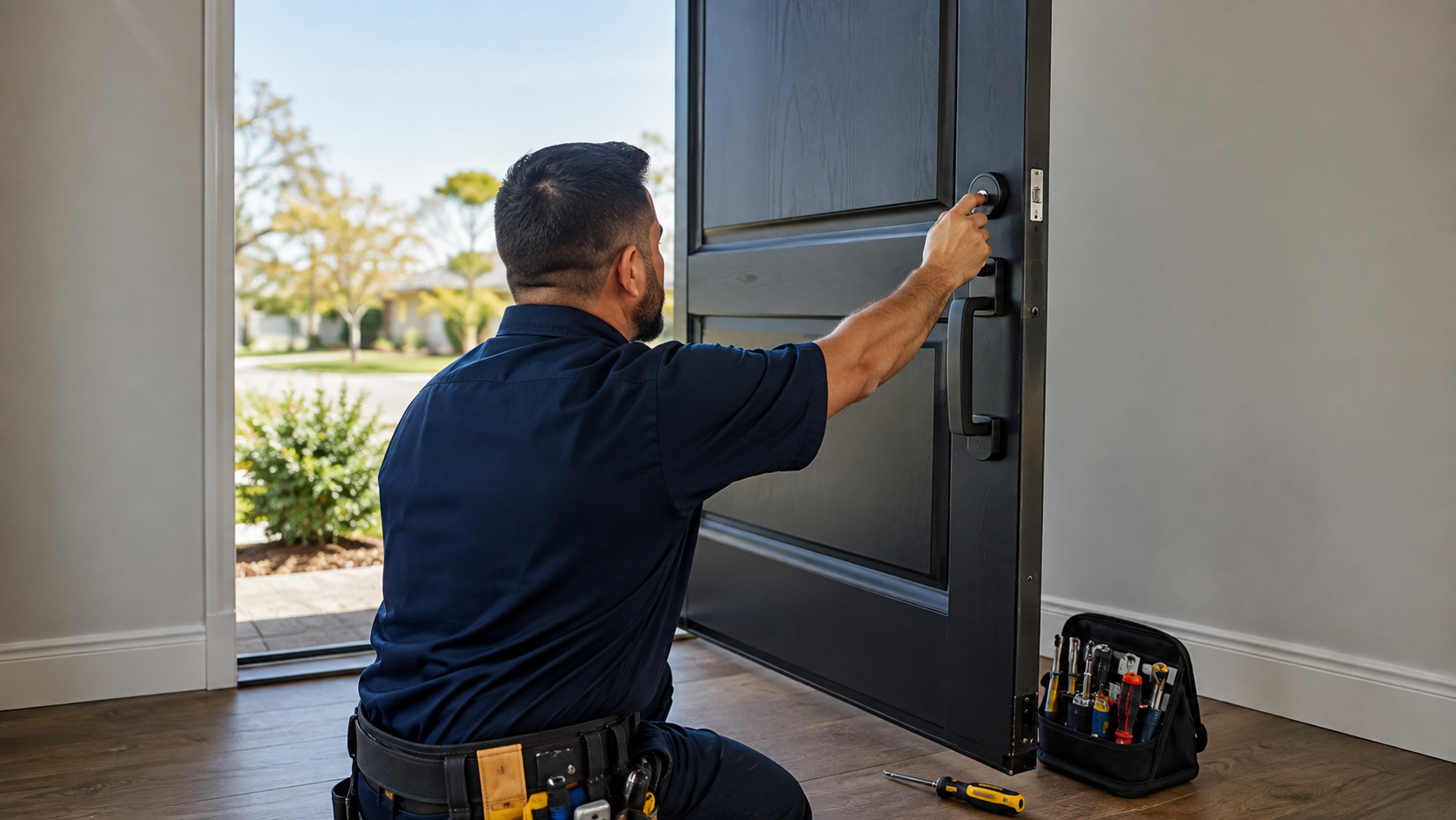 Technician testing a repaired deadbolt with the door open and tools nearby