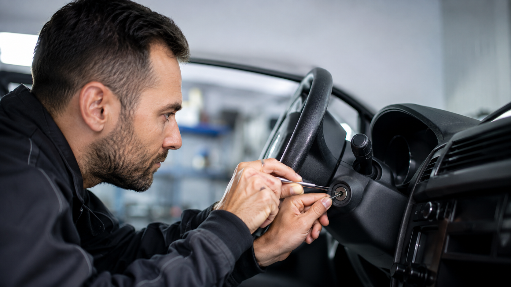 Locksmith carefully extracting a broken key from a vehicle ignition using specialized tools