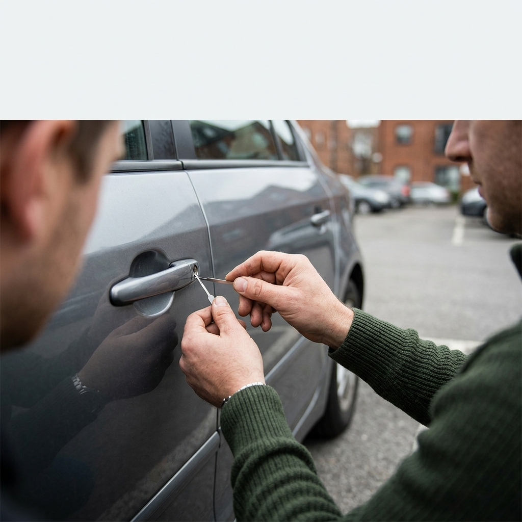 Hands using extractor tools to remove a broken key from a car door lock