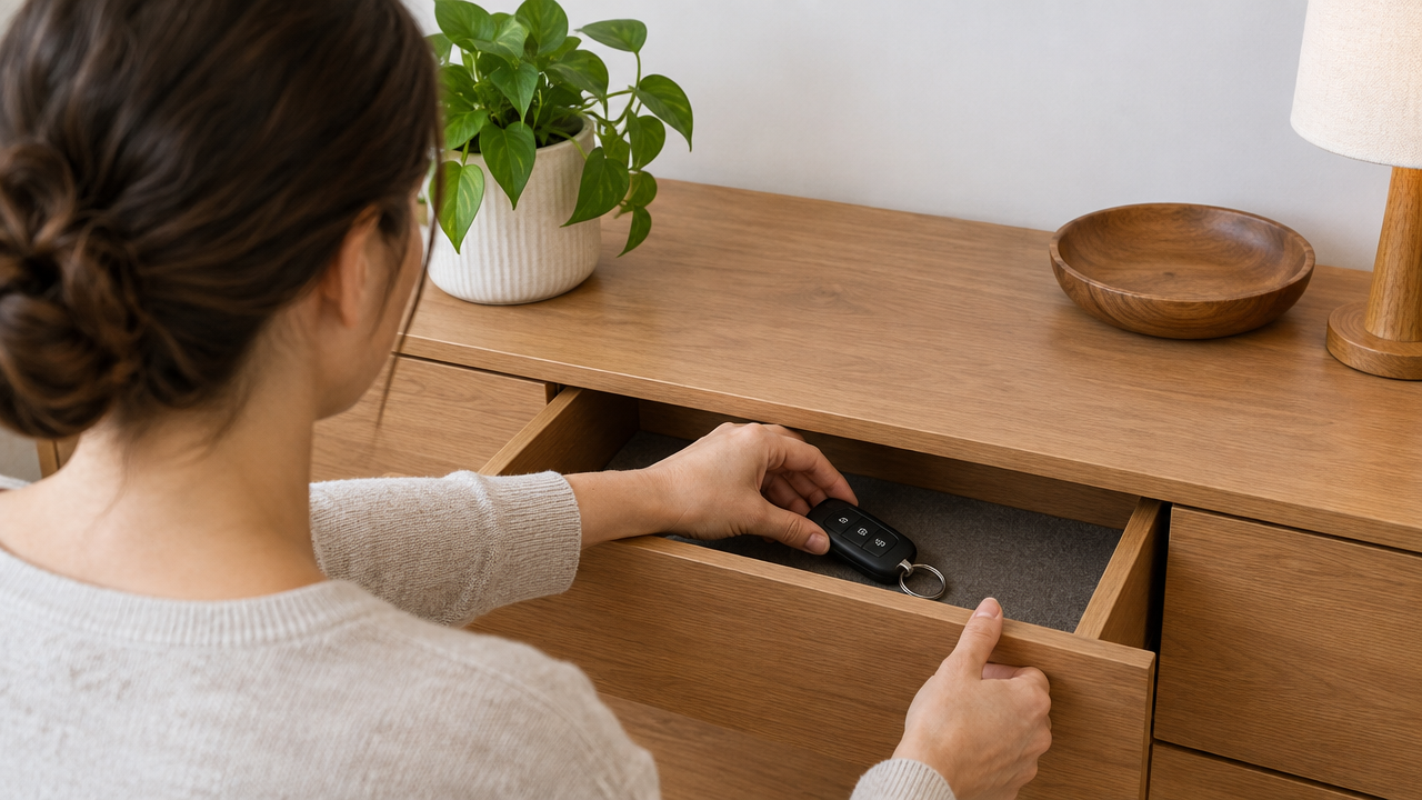 Hands from behind placing a car key securely in a drawer to prevent breakage