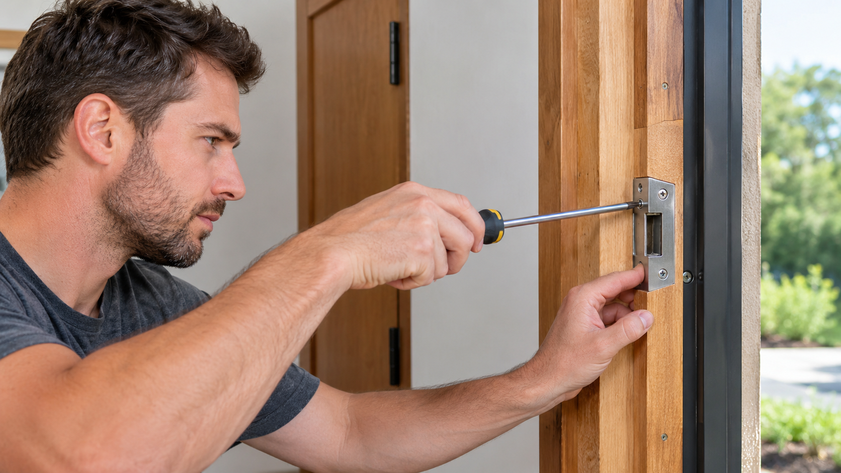 Man tightens a screw on a metal strike plate fixed to a wooden door frame