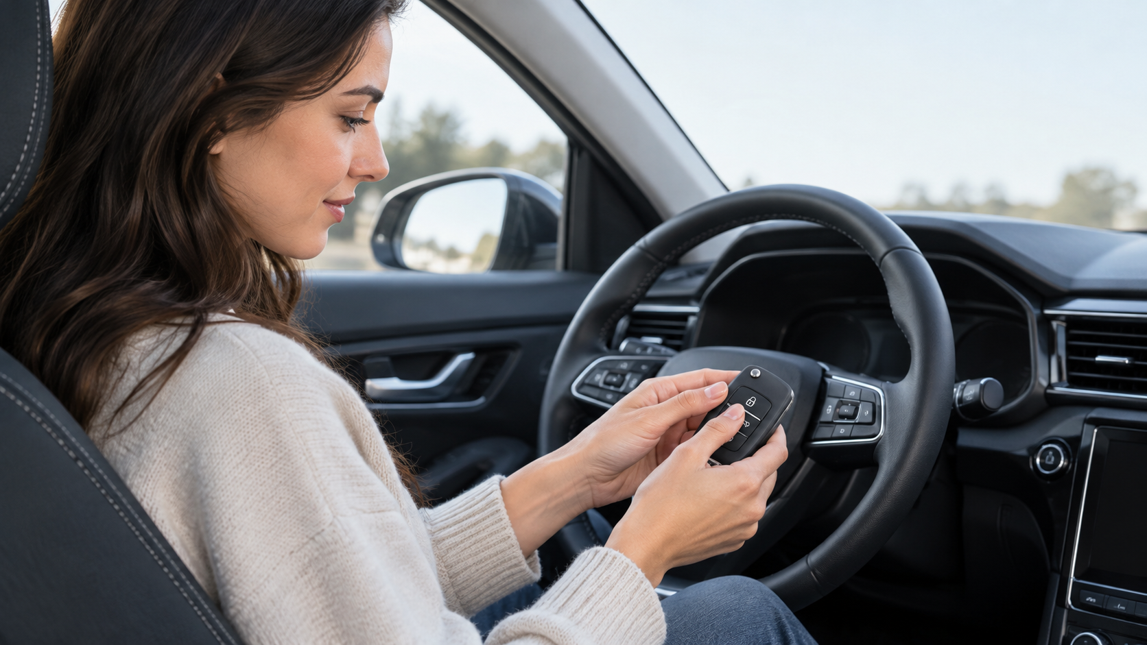 Woman sitting in the driver's seat of a car programming a key fob