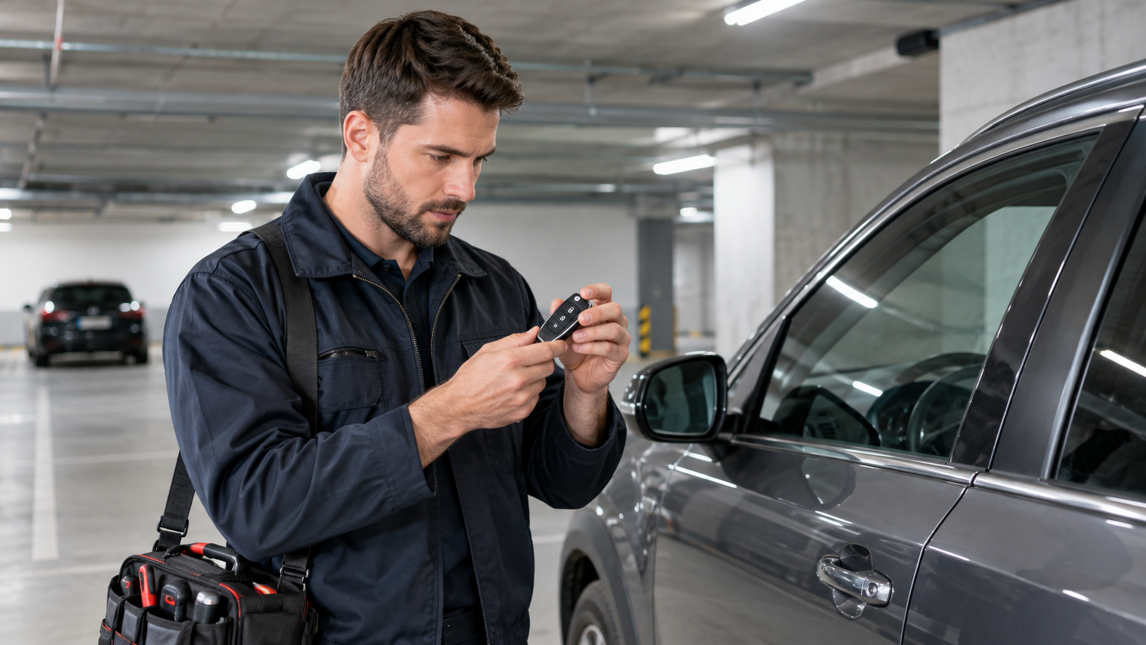 A mechanic holding a car key fob beside an SUV inside a parking garage