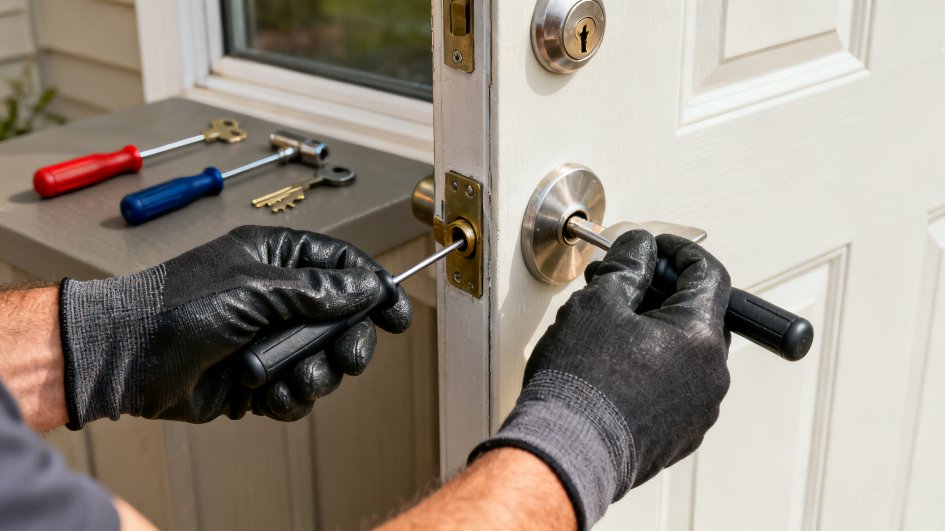 Locksmith using bypass tools to open a residential door without drilling the cylinder