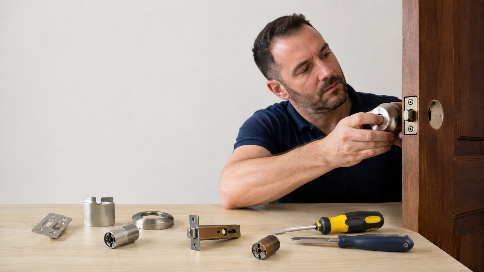 Locksmith installing a replacement deadbolt after removing a drilled emergency lock cylinder