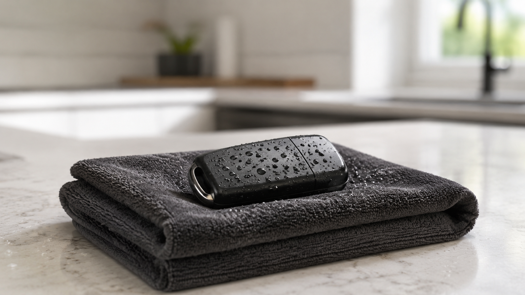 Close-up of a water-beaded black key fob on a charcoal towel