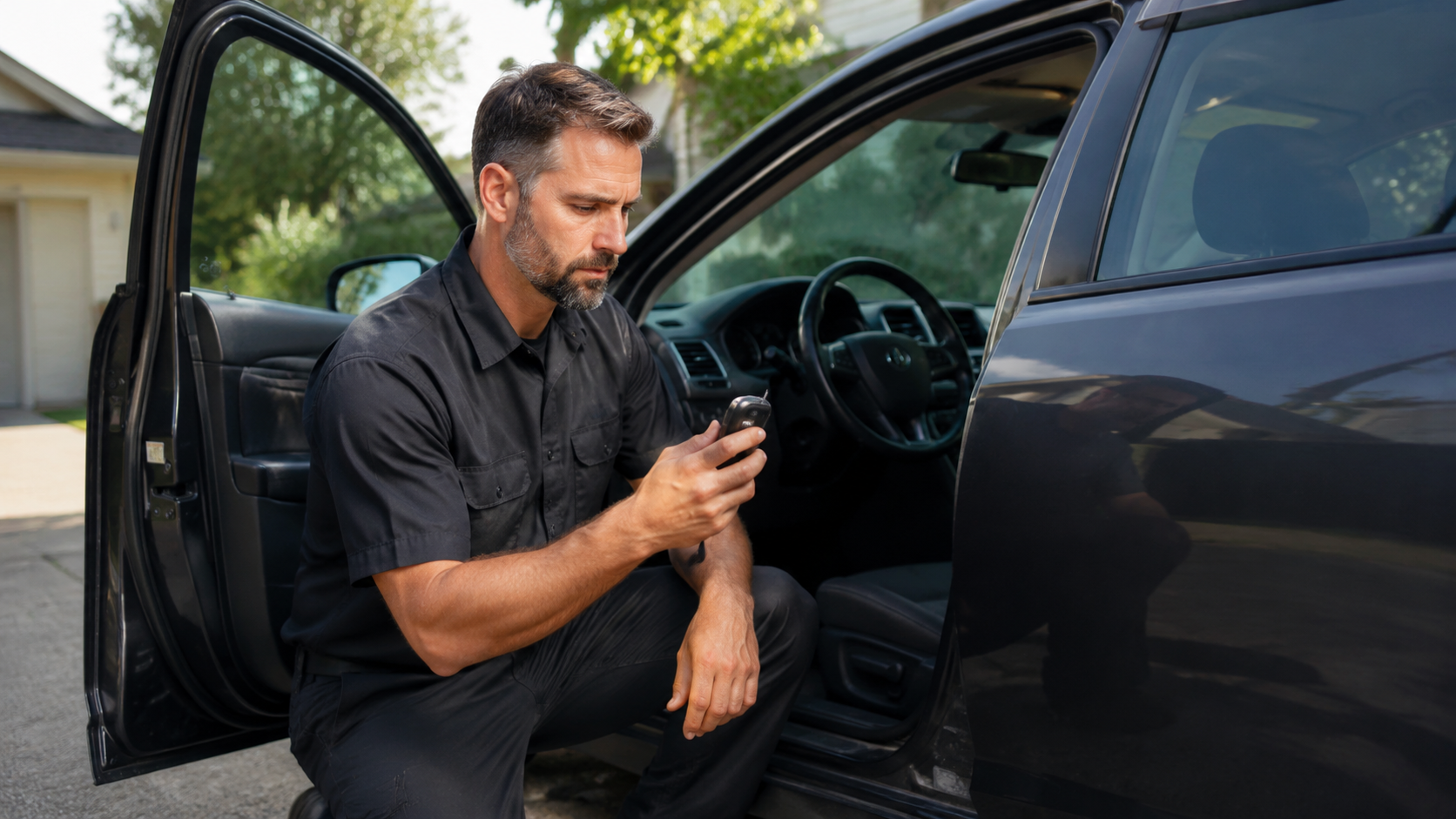 Locksmith in profile crouching by an open car door with a fob
