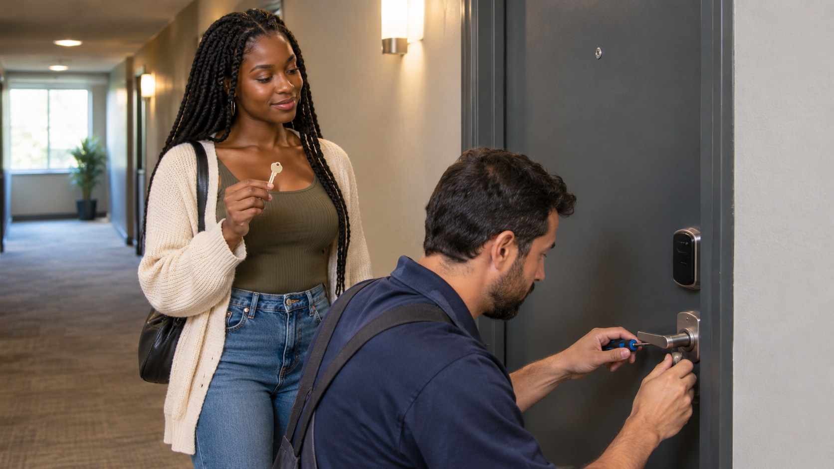 A locksmith repairs an apartment door lock while a woman stands nearby holding a key