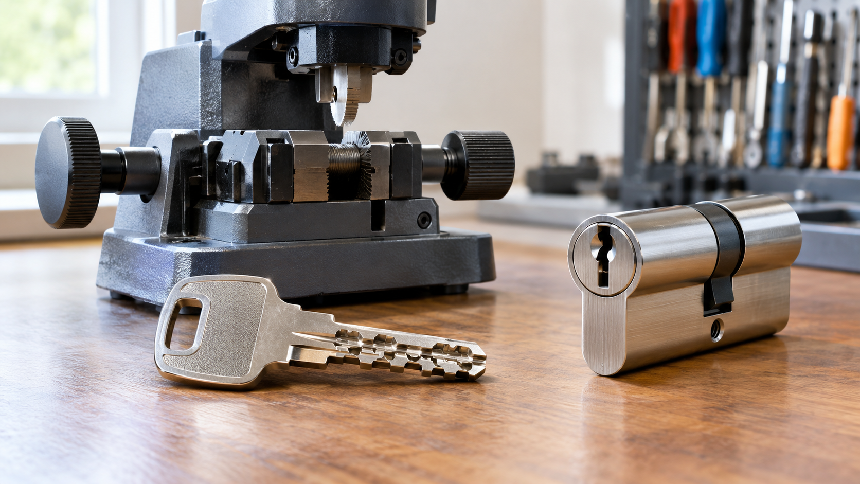 A metal key and cylinder lock on a wooden workbench beside a key cutting machine