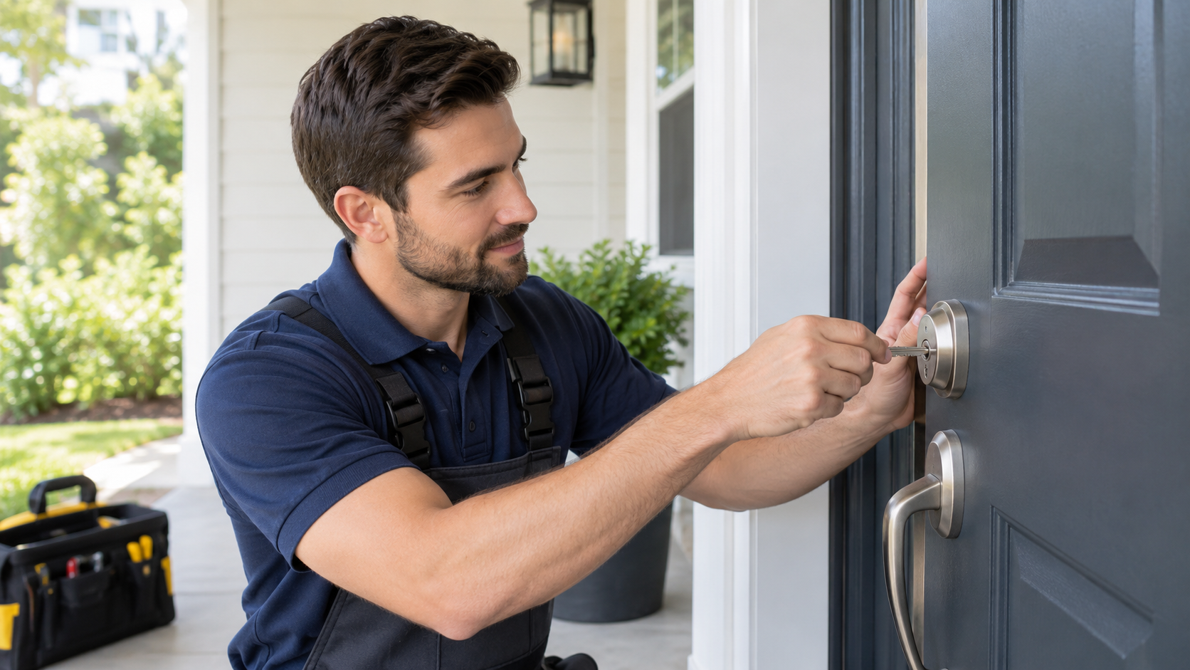A locksmith tests a duplicated key in a deadbolt lock on a front door