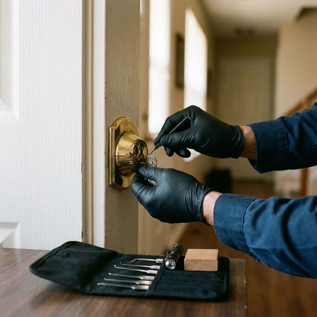 Locksmith examining a damaged residential lock after keys become stuck inside the door