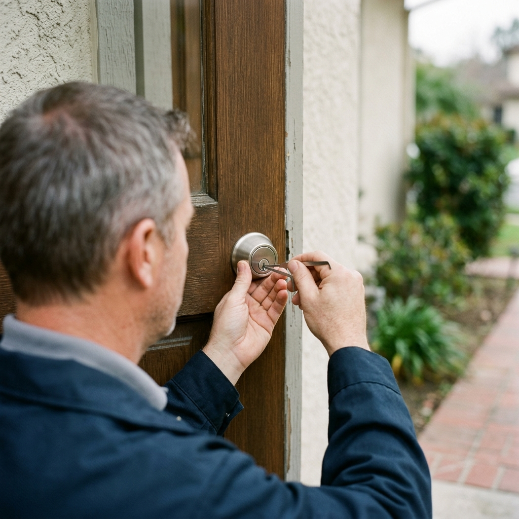 Locksmith carefully opening a residential deadbolt with specialized non-destructive tools