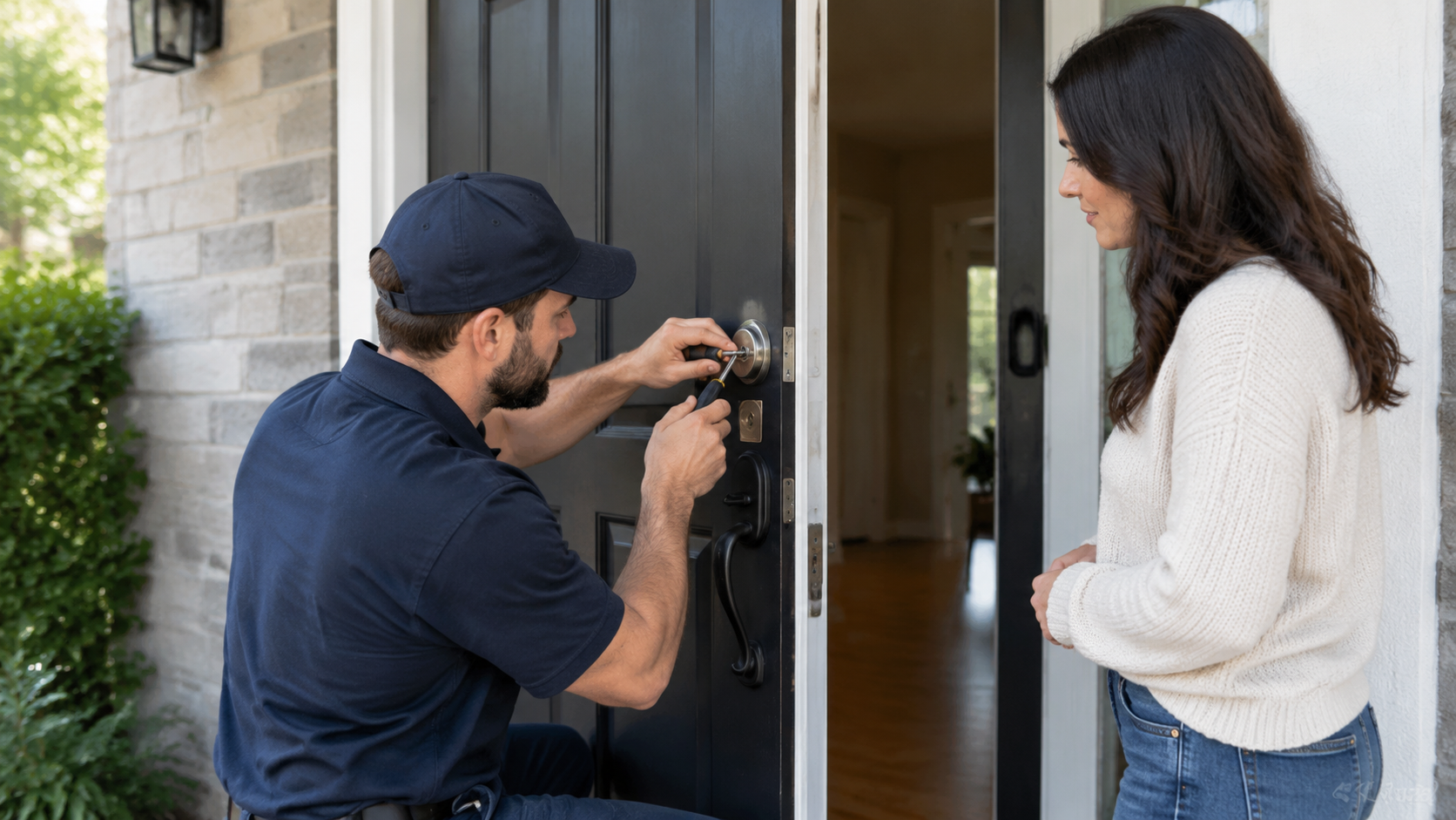 Locksmith installing a replacement deadbolt to improve residential security after emergency entry