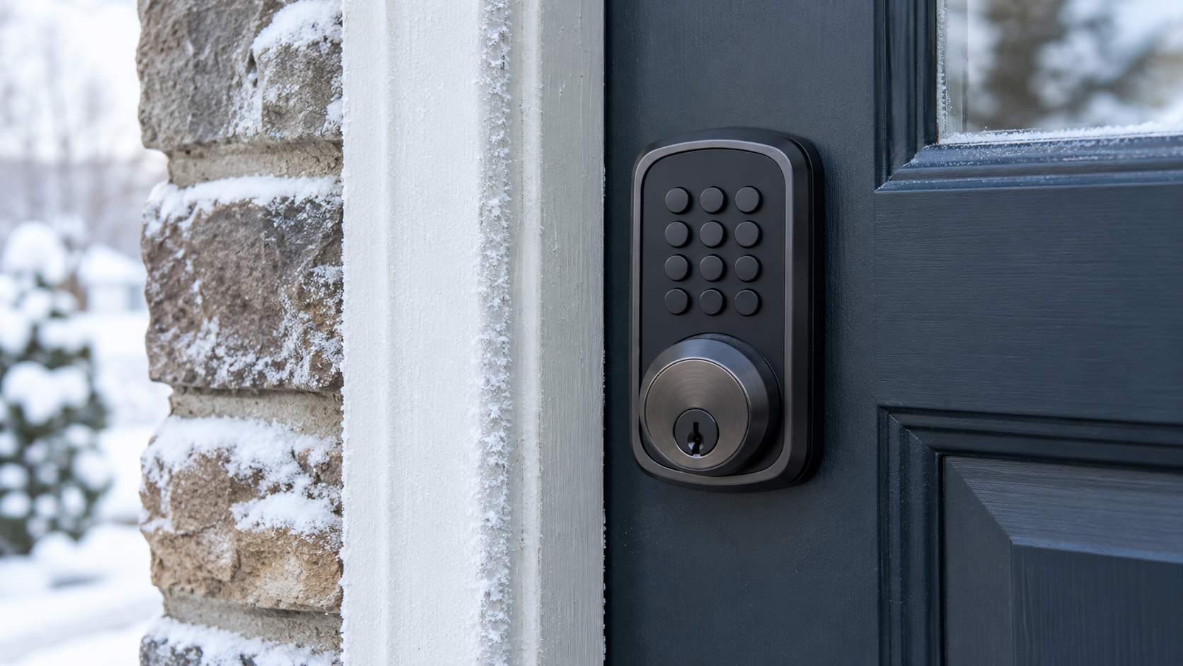 Black keypad smart lock on a dark front door beside a snowy stone wall