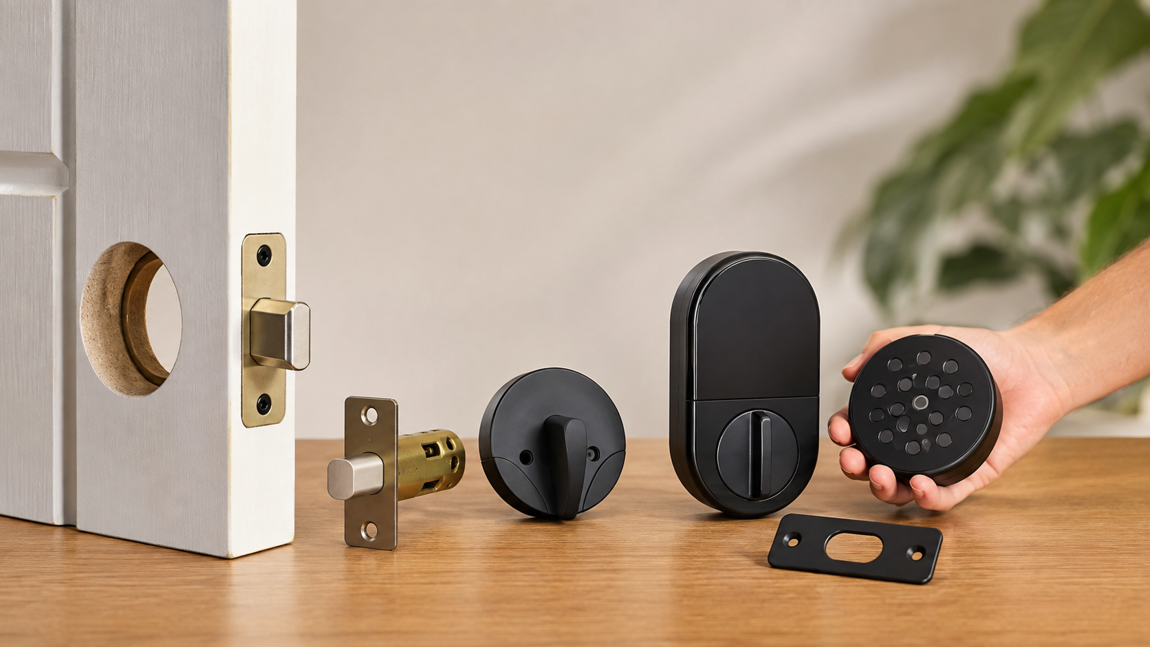 Close-up of compatible door hardware and smart lock components beside a residential entry door