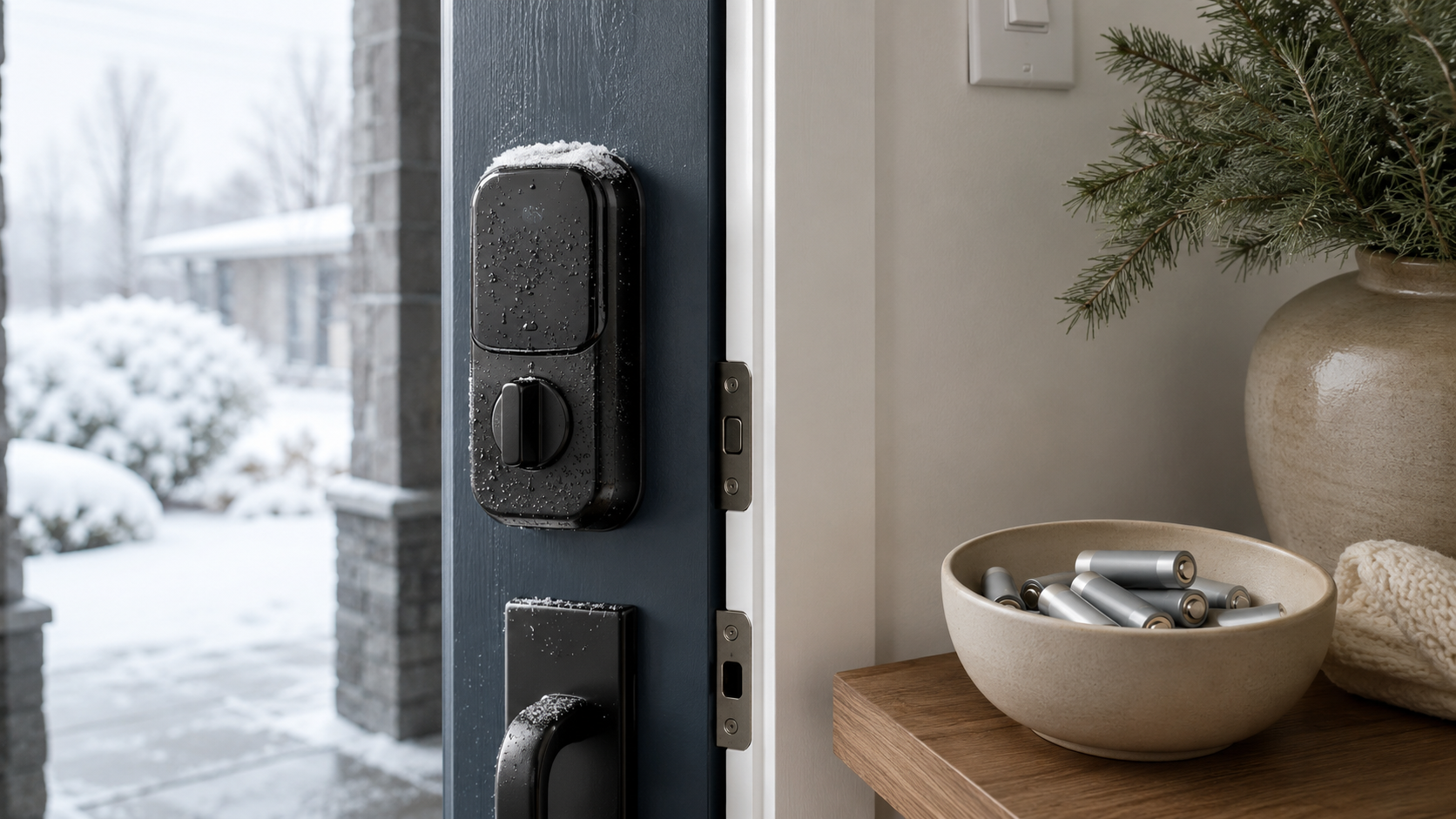 Smart lock on a snow-dusted residential door with fresh batteries nearby indoors