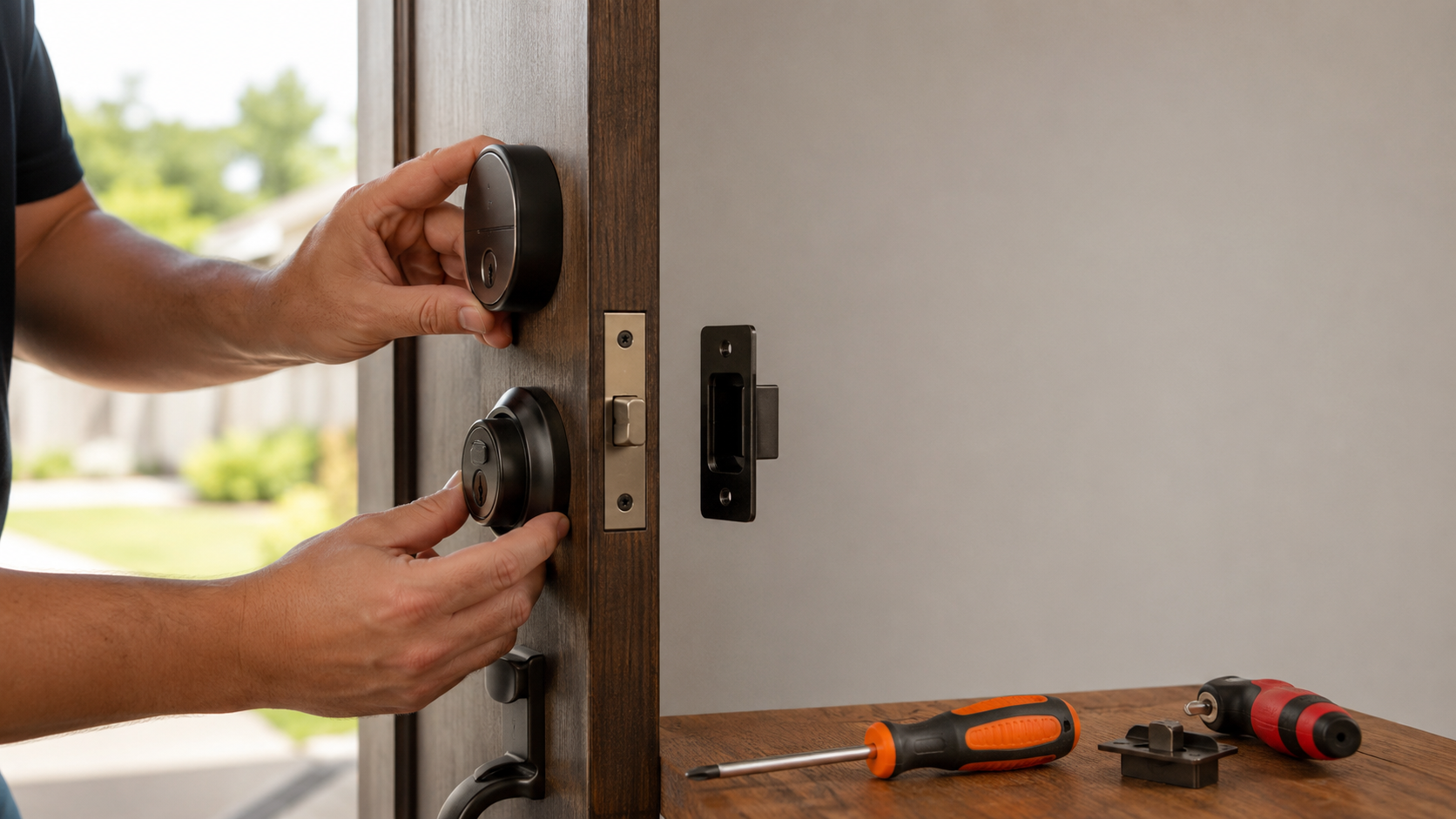 Locksmith carefully aligning a smart lock and strike plate during professional installation