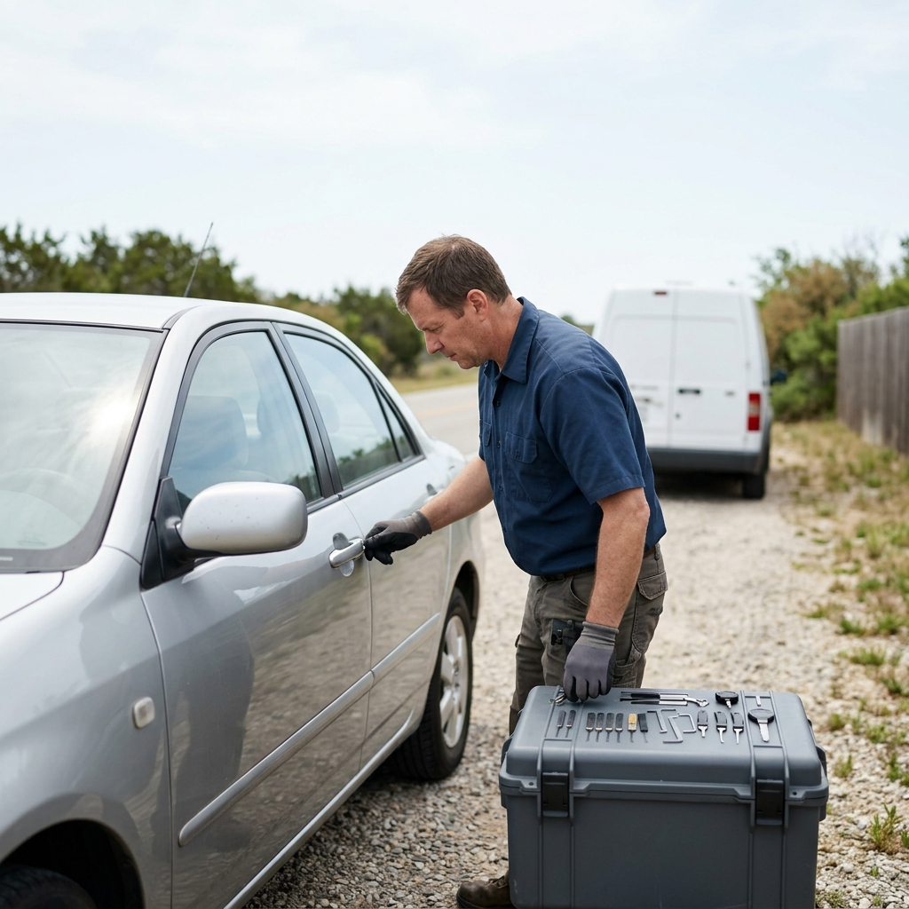 Mobile locksmith inspecting a locked vehicle door with professional entry tools nearby