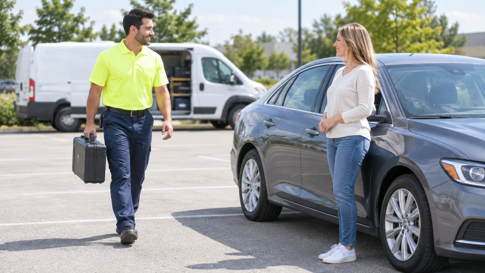 Mobile locksmith arriving to help a driver locked out of a car in a parking lot