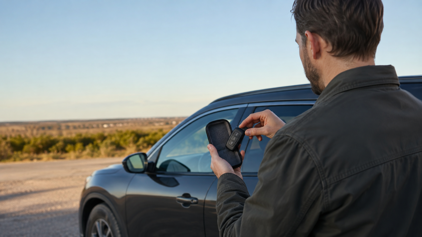 Driver placing spare car key securely into a small plain key case