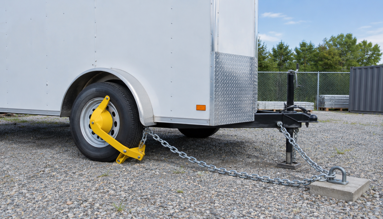 White cargo trailer secured with a yellow wheel clamp lock and anchored security chain
