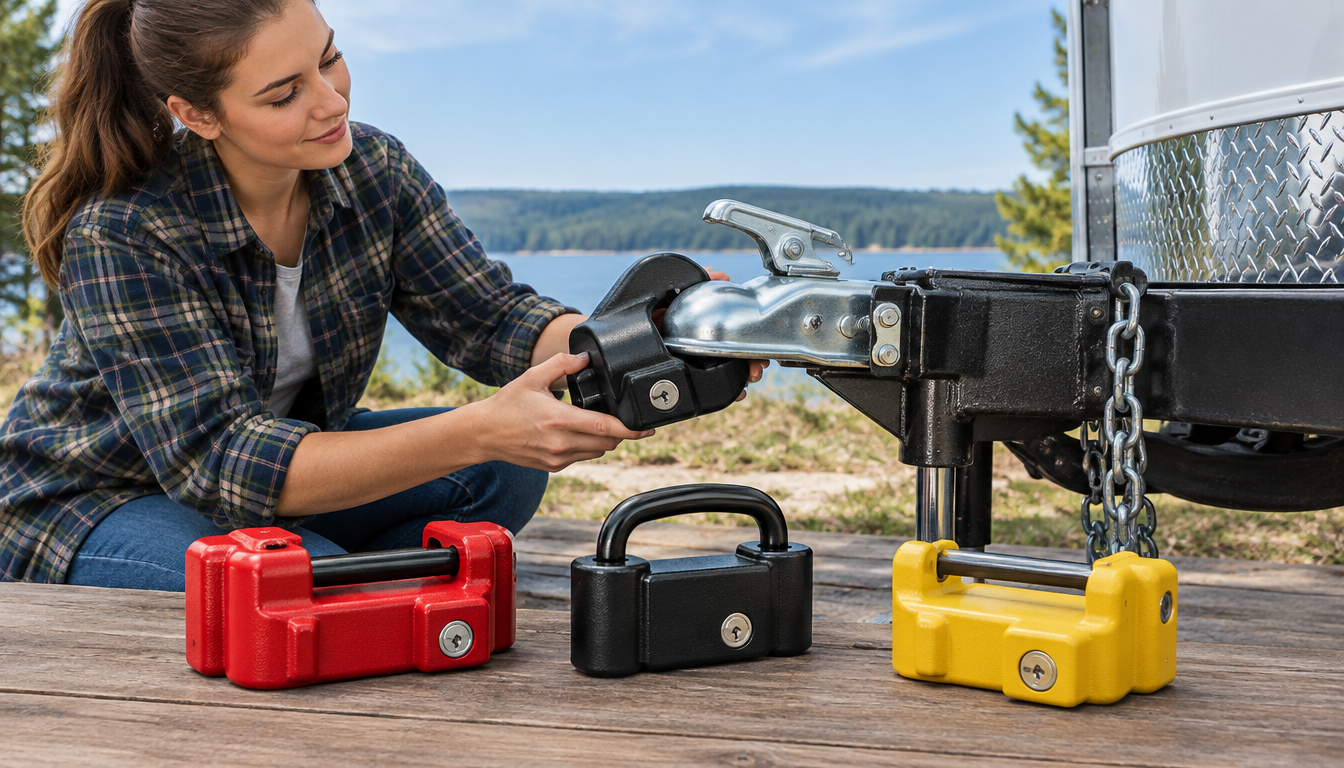 A woman installs a coupler lock on a trailer hitch near three colorful locks