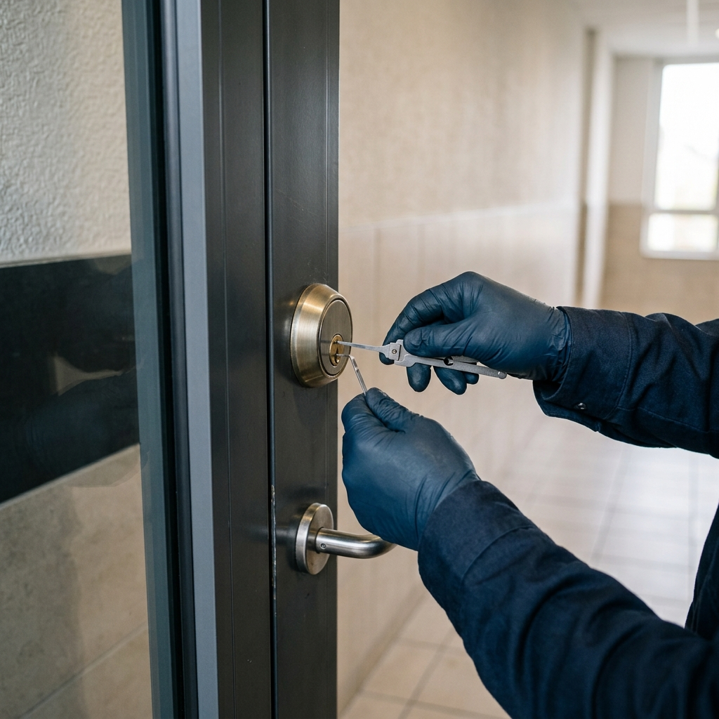 Locksmith carefully examining commercial door cylinder with specialized non-destructive tools