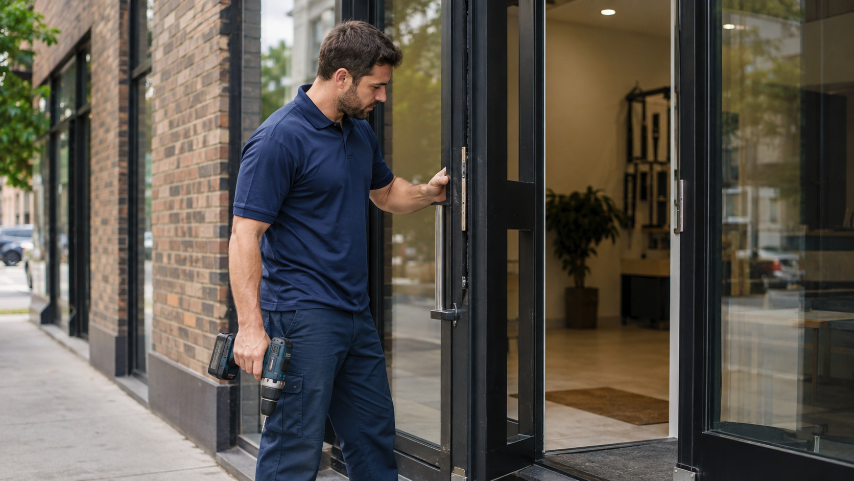 Locksmith in uniform servicing a commercial glass storefront door in daylight
