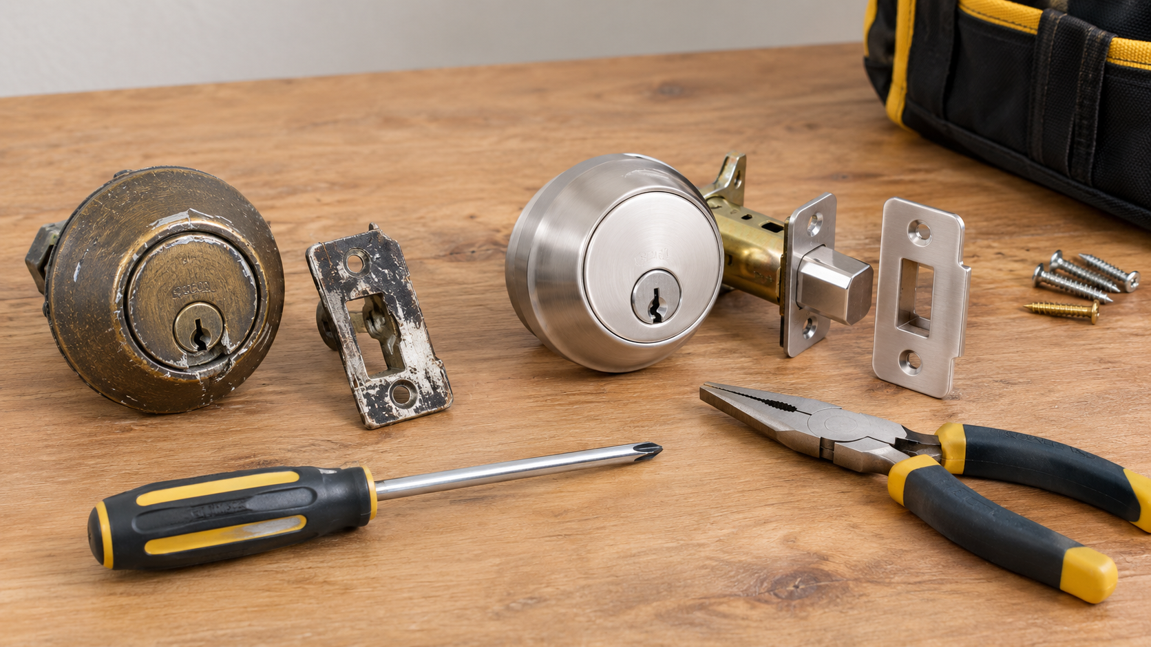 Brass knob lock and silver cylinder with pliers and screwdriver on wooden table