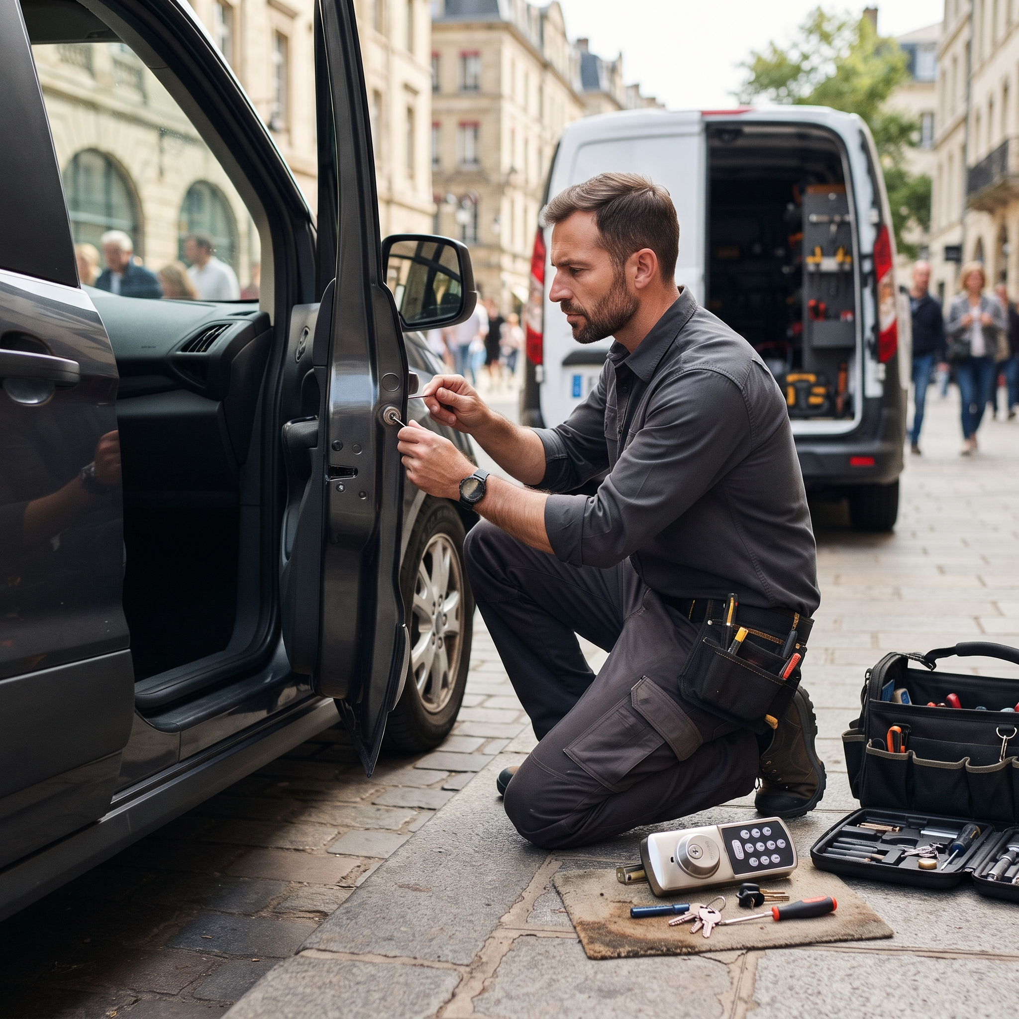 Man kneels on city street repairing open car door lock with tools
