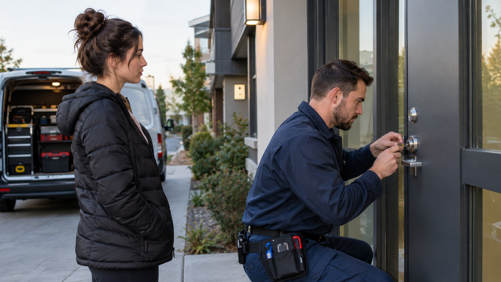A man uses a key on a door lock while a woman stands nearby