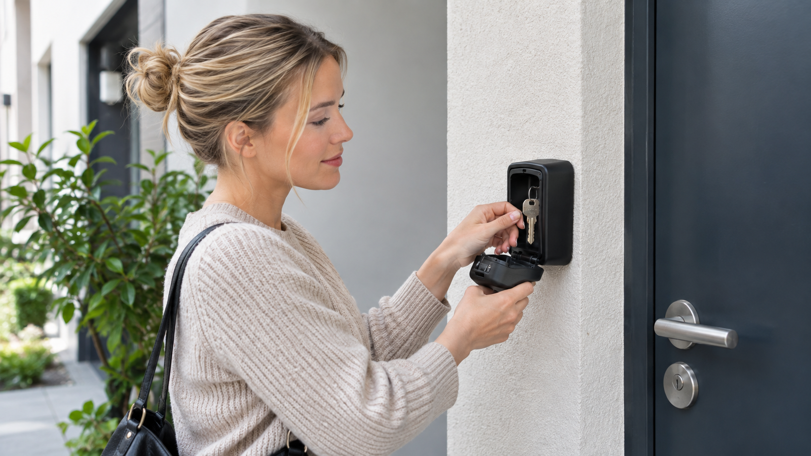 A woman retrieves a key from an open wall-mounted lockbox outside an entrance door