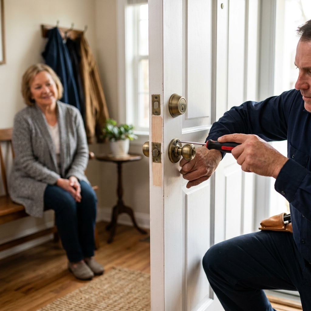 Locksmith installing a fresh deadbolt on a residential door after a break-in