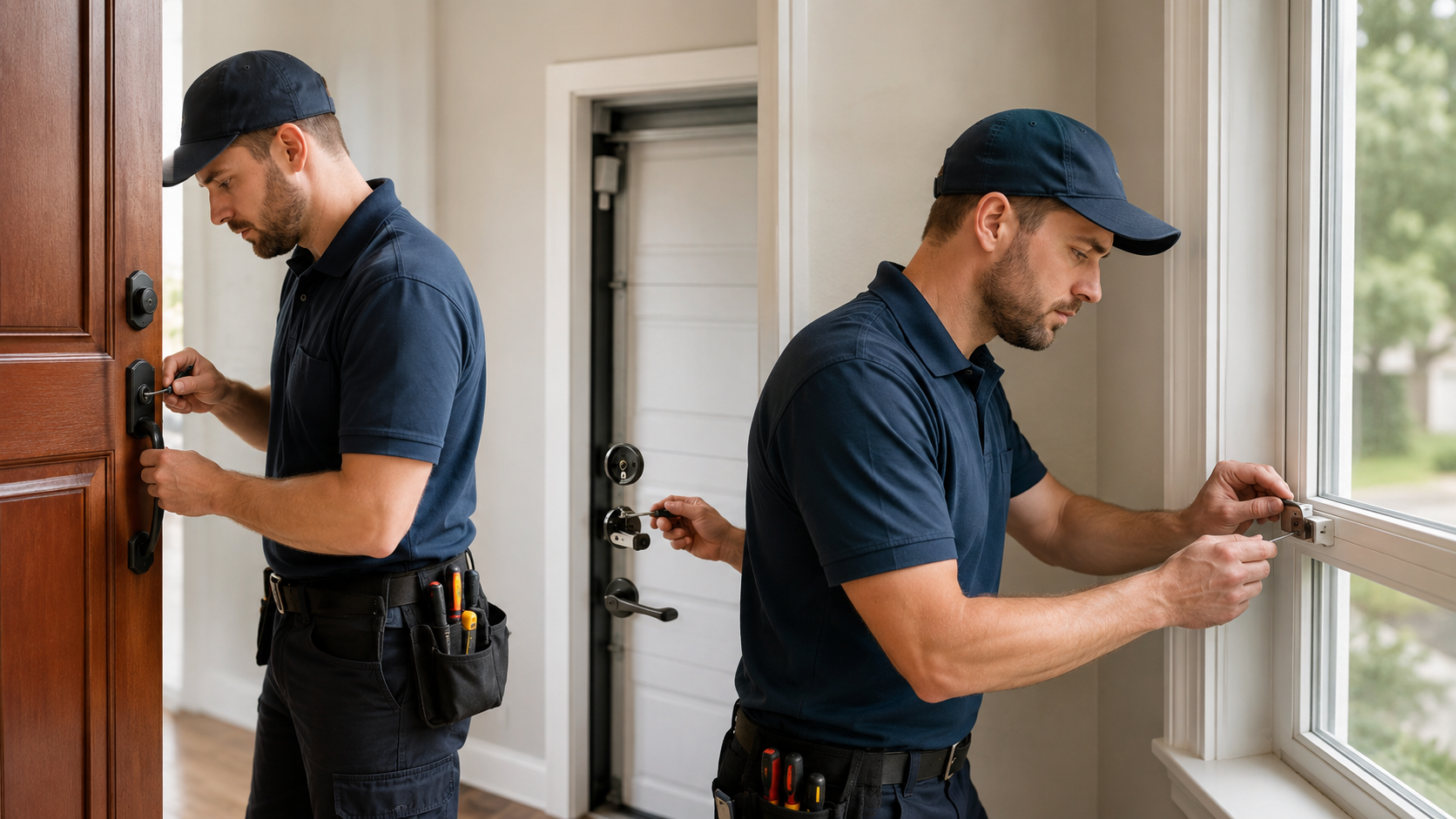 Technician checking a home’s secondary entry locks and window hardware during a security assessment
