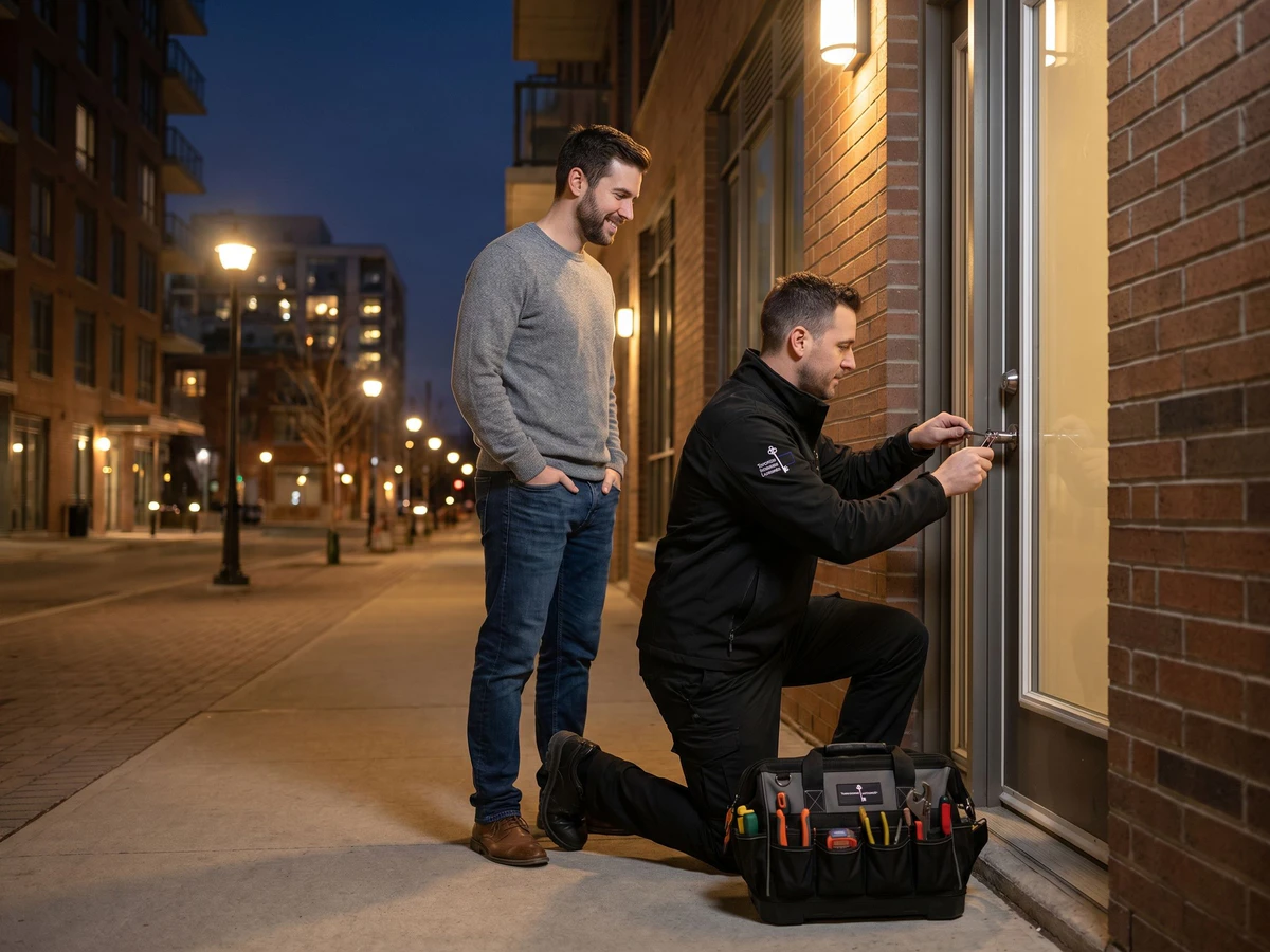 Unmarked mobile locksmith van at a GTA condo loading zone with tools ready in open rear doors